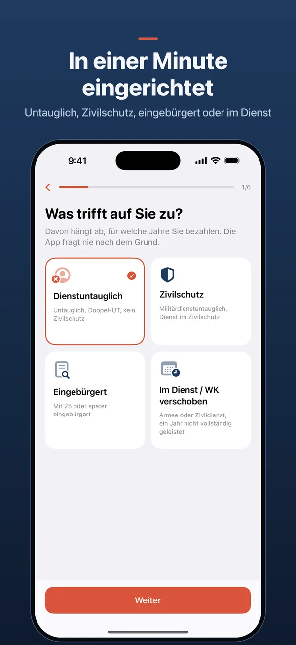 In einer Minute eingerichtet – Untauglich, Zivilschutz, eingebürgert oder im Dienst