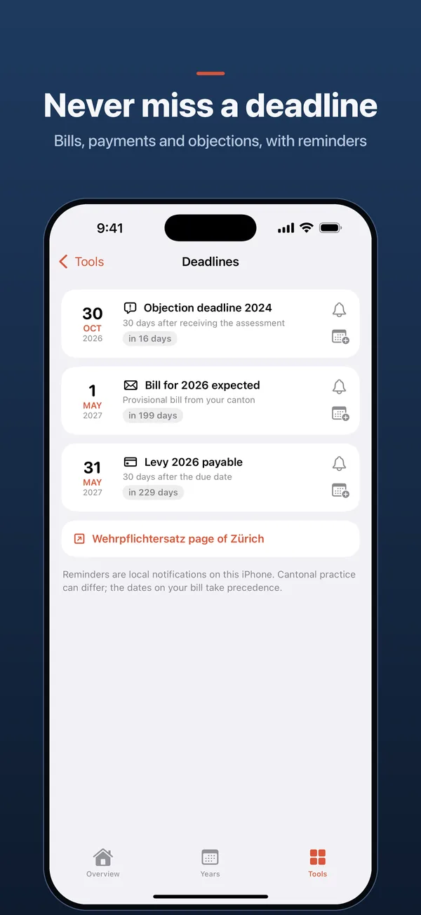 Never miss a deadline – Bills, payments and objections, with reminders