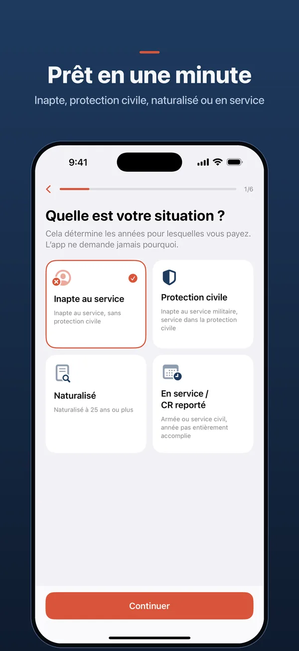 Prêt en une minute – Inapte, protection civile, naturalisé ou en service