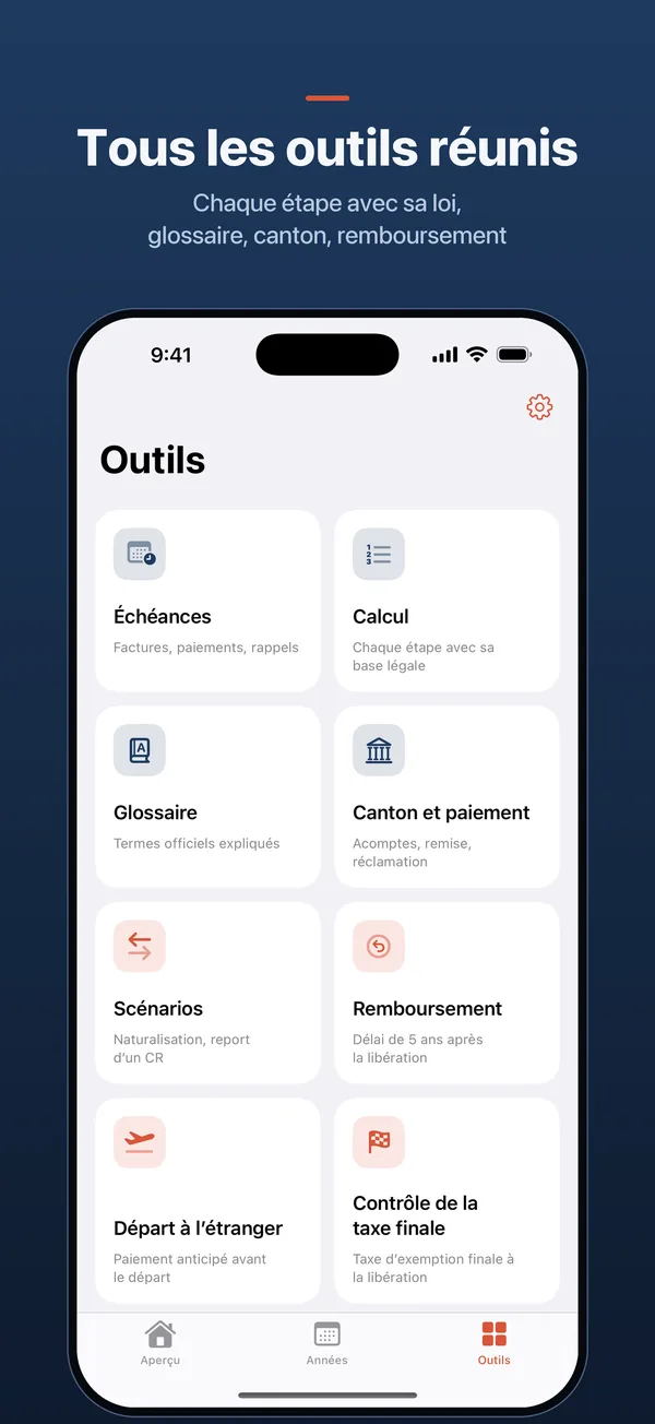 Tous les outils réunis – Chaque étape avec sa loi, glossaire, canton, remboursement