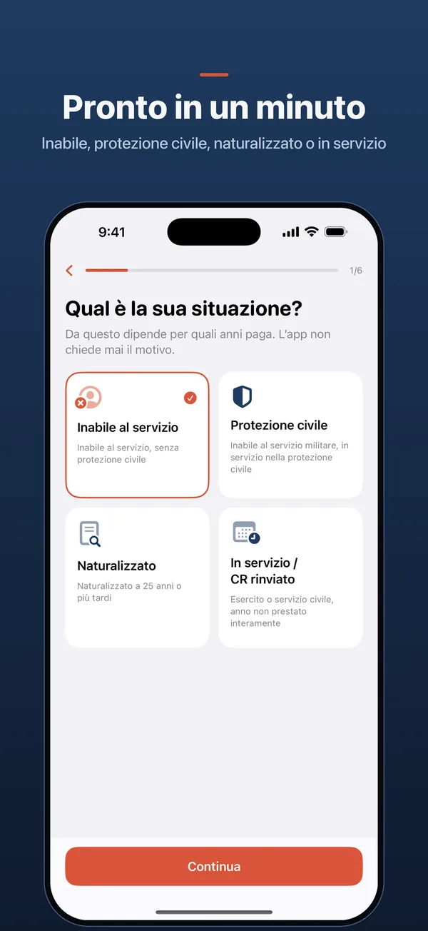 Pronto in un minuto – Inabile, protezione civile, naturalizzato o in servizio